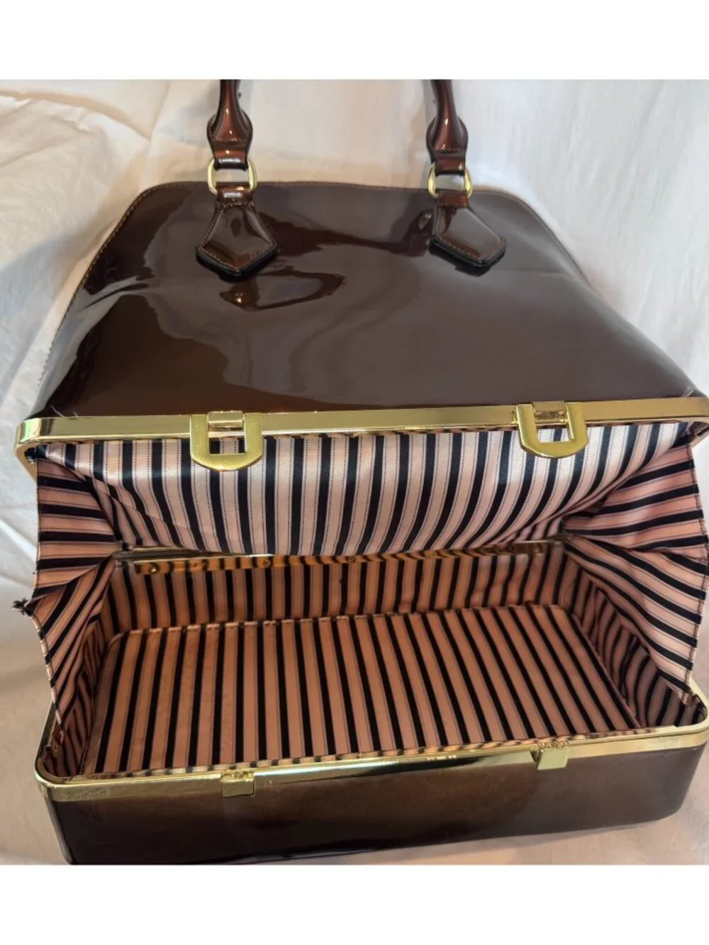 Brown Patent Leather Doctor Satchel Structured Top Handle Vintage Style Handbag